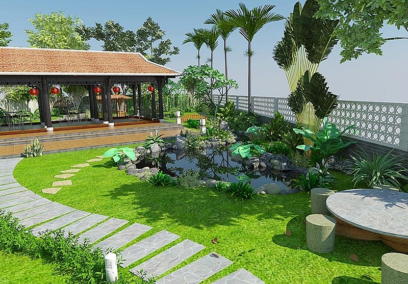 Ý tưởng thiết kế lối đi sân vườn với cây xanh