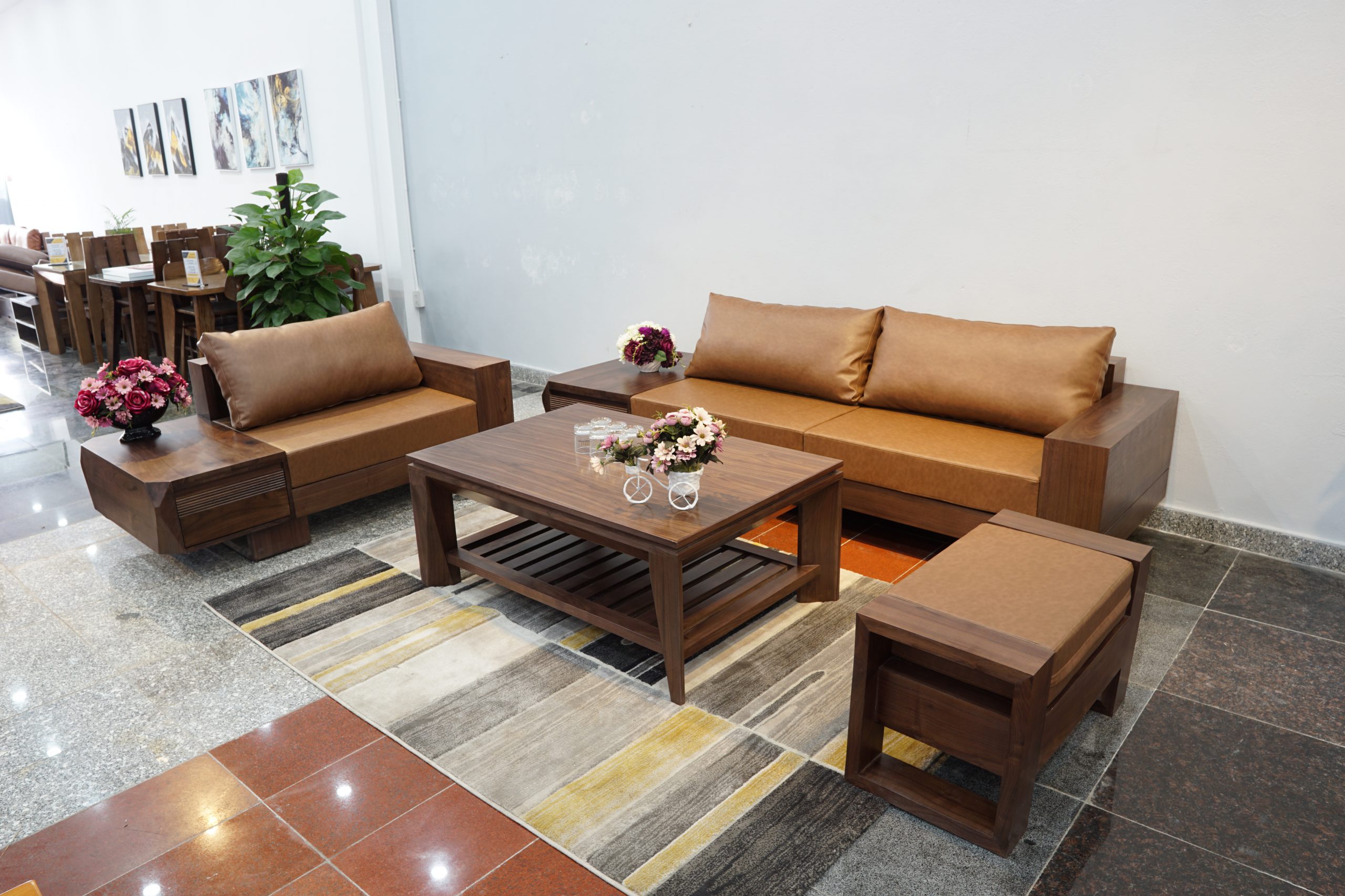 Sofa chữ U gỗ óc chó ZG 127 bộ bàn ghế phong thủy cho phòng khách