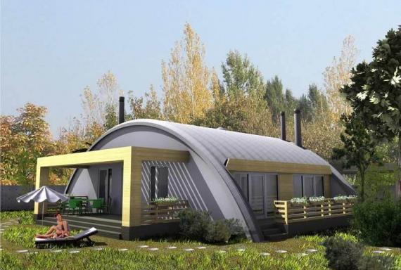 Mẫu nhà tiền chế thiết kế khá độc đáo và ấn tượng mang lại một ngôi nhà giống như một căn lều trại cực kỳ độc đáo và ấn tượng