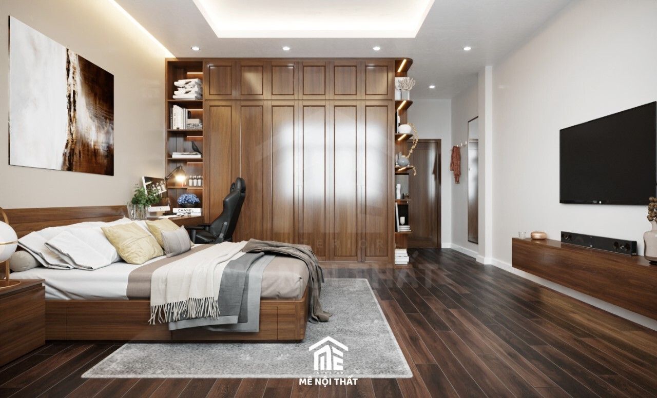 Phòng ngủ sử dụng nội thất gỗ tự nhiên tông màu trầm ấm áp với tủ quần áo, giường ngủ có ngăn kéo, kệ tivi