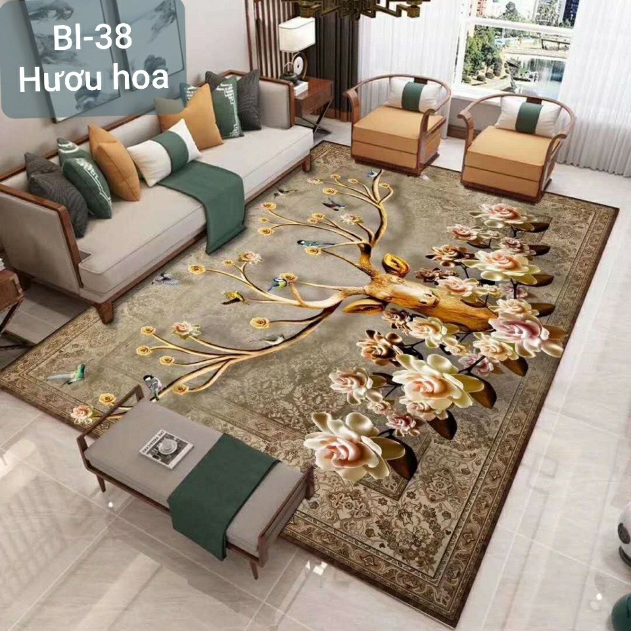 Thảm trải sàn phòng khách, phòng ngủ Bali 3D Nỉ Nhung Lì cao cấp BL38 - Hươu hoa - Evahome.Net - Chăn ga gôi đệm cao cấp nhập khẩu