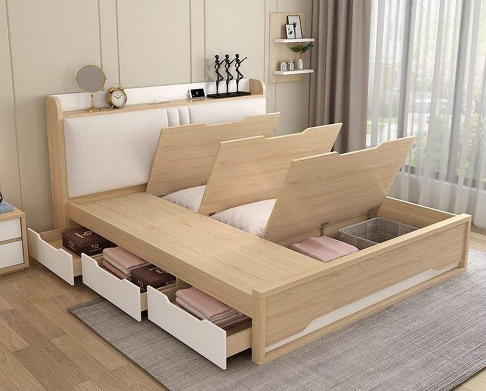 Thiết kế phòng ngủ sử dụng nội thất nhỏ gọn, đa năng tích hợp với ghế sofa và kệ sách hiện đại