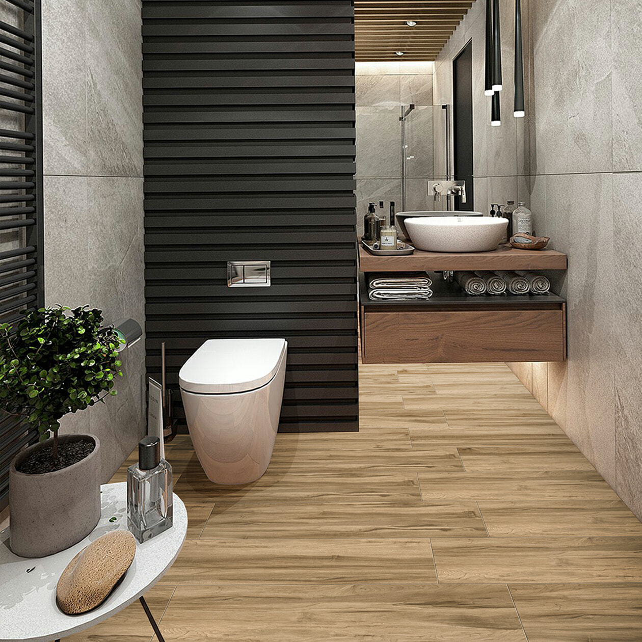 VITTO vân gỗ nâu ấm áp giúp không gian phòng tắm hiện đại, sang trọng