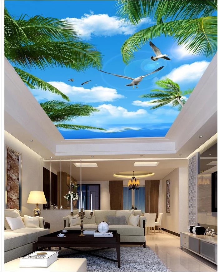 Một bức tranh trần mây 3D đơn giản, hài hòa với nội thất căn phòng