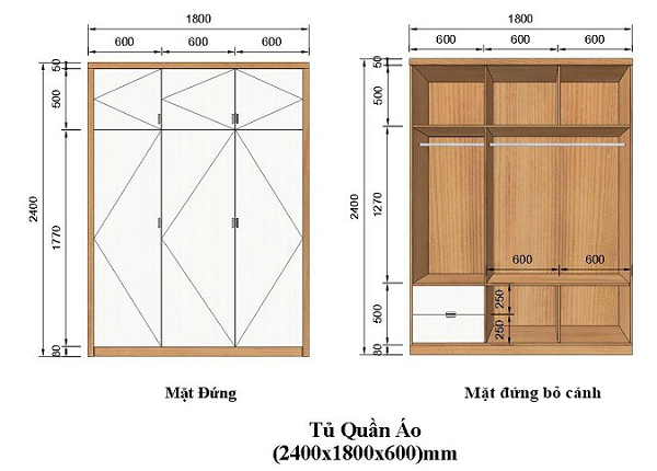 Kích thước tủ quần áo 2, 3, 4 cánh chuẩn nhất bạn nên biết