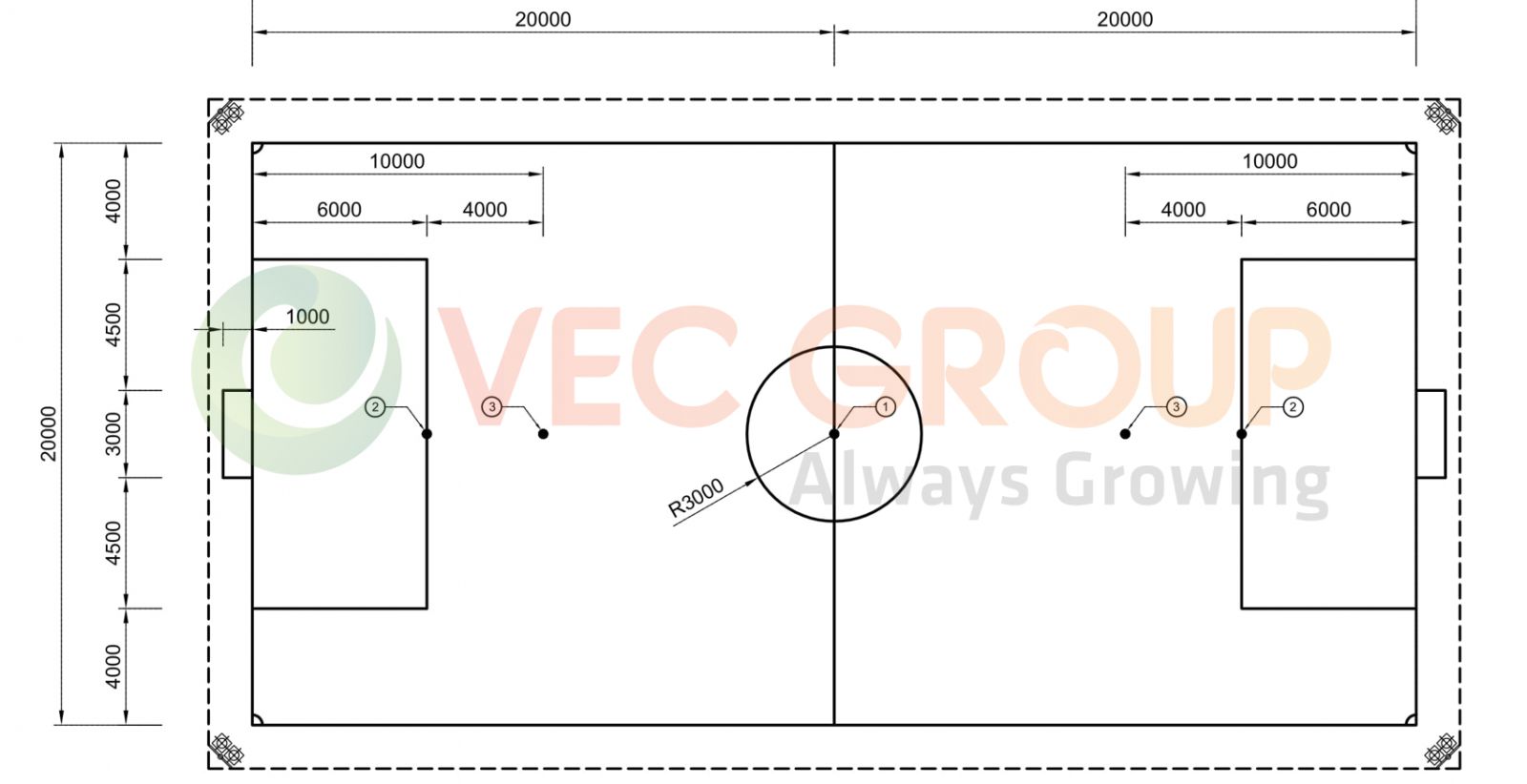 Các kích thước khu vực khác của sân bóng 5 người