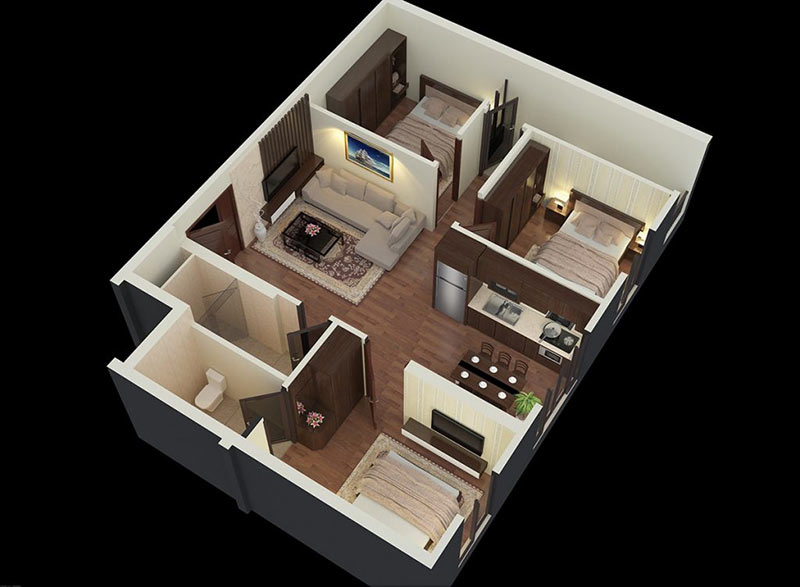 Mẫu thiết kế căn hộ 3 phòng ngủ gỗ sáng