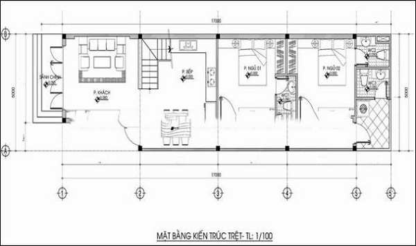 Tầng trệt gồm sảnh chính, một phòng bếp và ăn, hai phòng ngủ và ba nhà vệ sinh