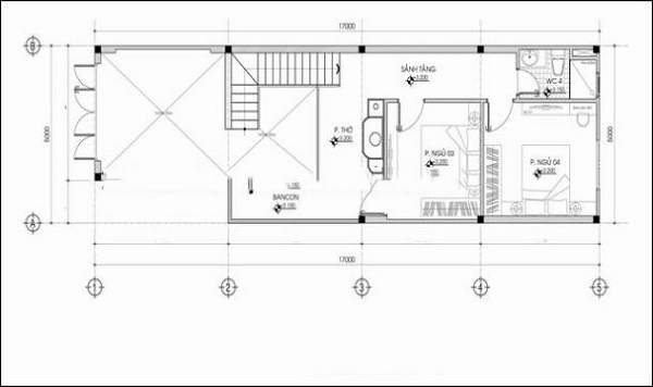 Thiết kế mặt bằng lầu 1 dành cho mẫu nhà 1 trệt 1 lầu 5x20 có 4 phòng ngủ