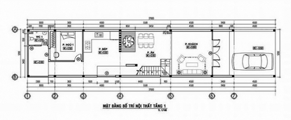 Mặt bằng tầng trệt mẫu nhà 1 trệt 1 lầu 5x20 có gara, 4 phòng ngủ