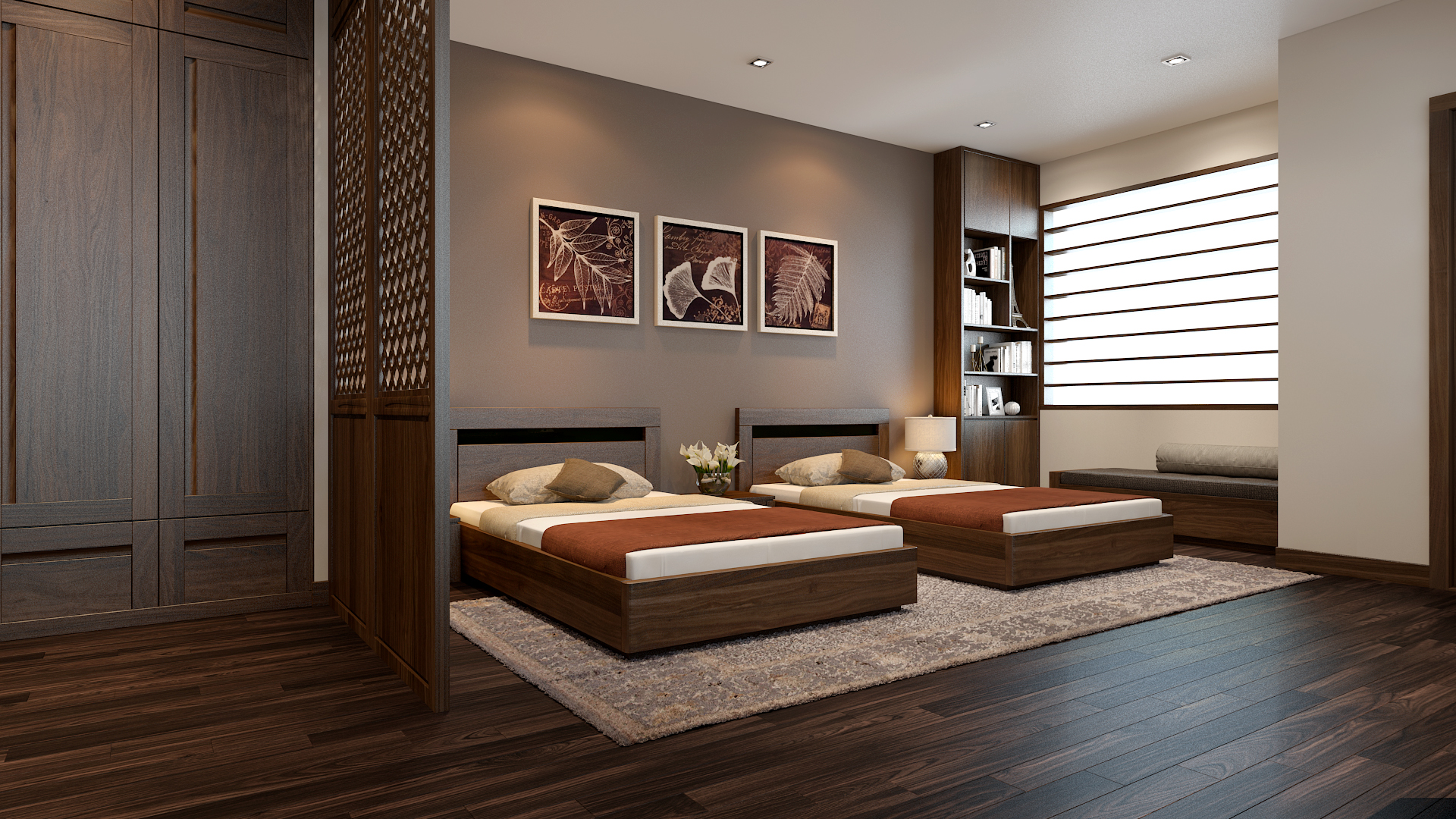 Thiết kế phòng ngủ khách sạn 2 giường đôi với tông màu nâu chủ đạo rất ấm cúng