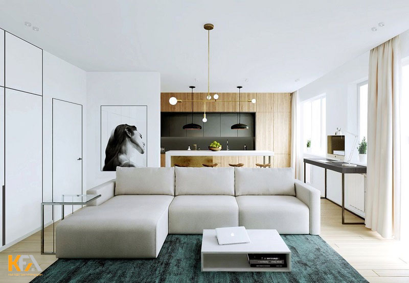 Thiết kế phòng khách chung cư phong cách tối giản tone màu trắng chủ đạo