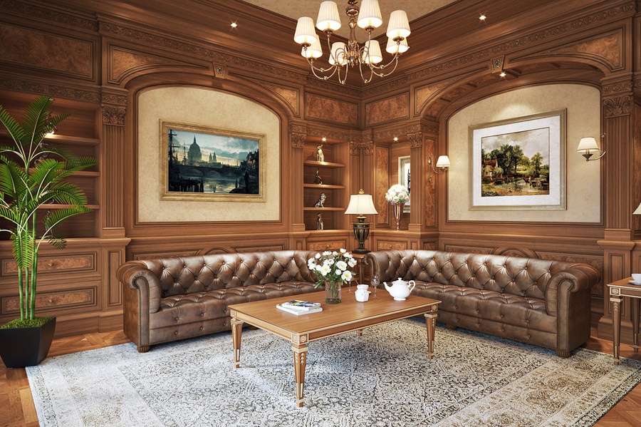  thiết kế phòng khách tân cổ điển với nội thất bằng gỗ 