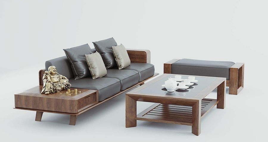 Sofa chữ I gỗ óc chó đẹp quý phái, sang trọng cả phòng khách