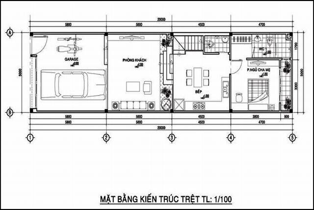 Mặt bằng thiết kế dành cho tầng trệt có gara để xe