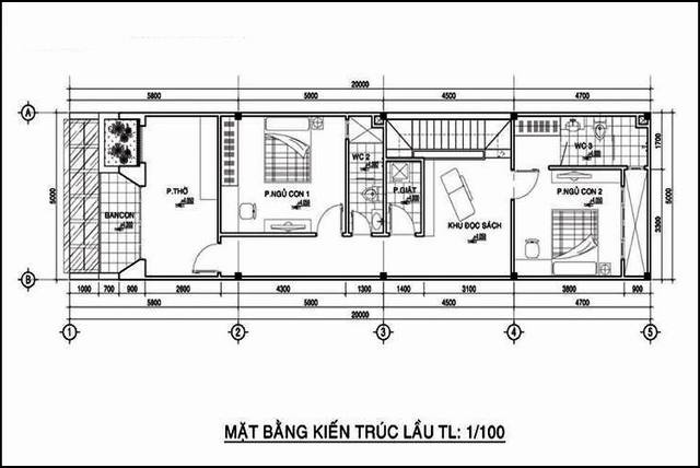 Mặt bằng thiết kế dành cho lầu 1 có 2 phòng ngủ