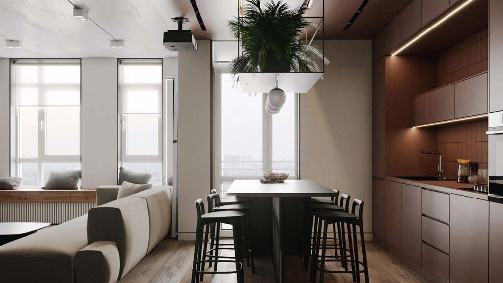 Sử dụng đồ nội thất bằng gỗ, có tone màu nâu trầm giúp căn nhà trông lịch sự, hiện đại hơn
