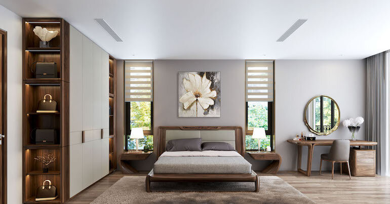 Phòng ngủ hiện đại kết hợp các hình khối cơ bản một cách hài hòa, thống nhất