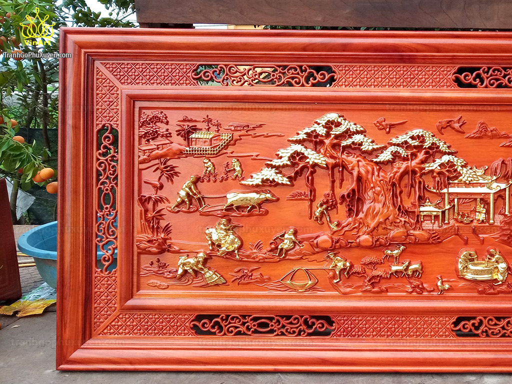 Tranh gỗ hương Phong Cảnh Đồng Quê thếp vàng 1m55 - TGPX2202 | Tranh Gỗ Vũ  Phong