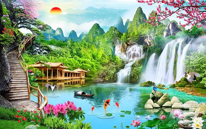 Mẫu tranh 3D Sơn Thủy Hữu Tình đẹp nhất - Tranh dán tường | Xưởng Tranh Tân  Thành